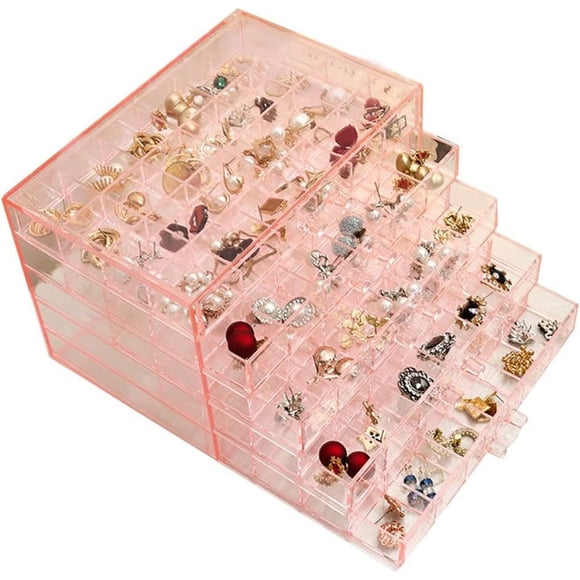 GHSDFBB Earring Storage Box Organizer, Acrylic Jewelry Storage Box Holder 5 Drawers Transparent Jewelry Display Stand with 120 Small Compartments Gift Boxes for Women Girls (Clear Pink)