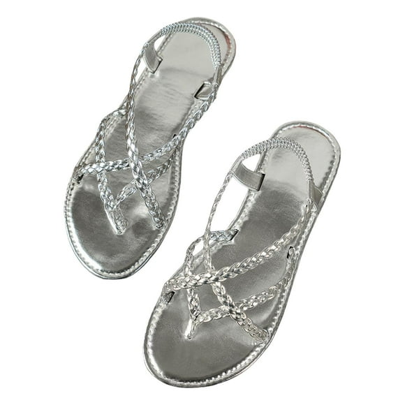 Women's Wide Width Bohemian Flat Sandals Casual Woven Strappy Sandals Slip On Summer Flip Flop Beach Shoes Silver Size 9