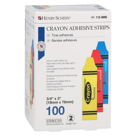 Henry Schein Sterile Plastic Strip Bandages – 3/4x3", Crayon, Absorbent, Latex-Free, 100/Box