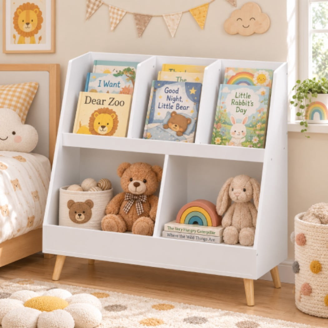 Kids Bookshelf and Toy Organizer, 5-Cubby Wooden Open Bookcase with 2 Large Storage Bins, 2-Tier Baby Storage Display Shelf with Pine Legs for Bedroom, Nursery & Playroom, White