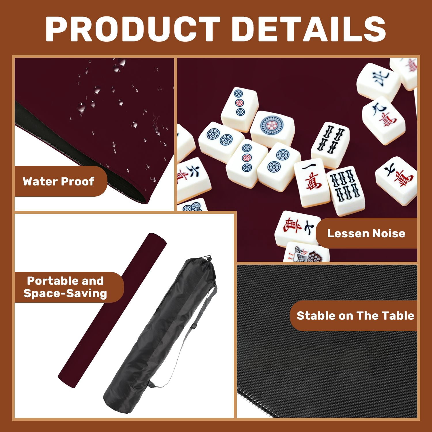 Mahjong Mat 31.5" x 31.5" plain dark plum solid color dark red burgundy Non-Slip Noise Reduction American Mahjong Tiles Table Cover for Dominoes Poker Card Board Games Gift