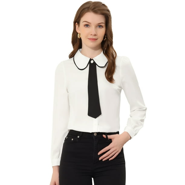 Allegra K Women's Work Office Tie Neck Button Down Peter Pan