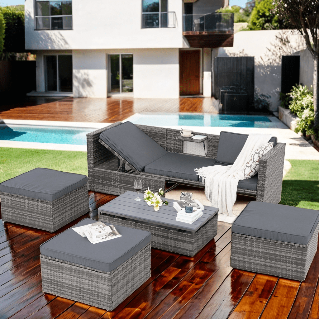 5 Piece Patio Furniture Set, All-Weather Outdoor Conversation Set with Lift-top Coffee Table & Ottomans, Adustable Backrest Wicker Sectional Seating Group for Patio Deck Garden Pool, Gray