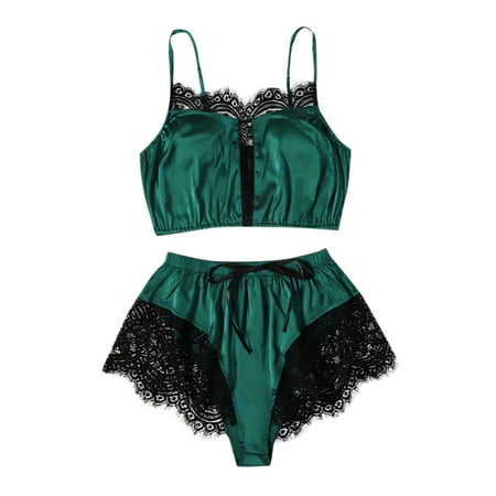

Women s Summer Sexy Sweetness Pajamas 2 Pieces Sets Lace Trim Cami Crop Tops Lingerie Shorts PJ Lounge Sets Sleepwear