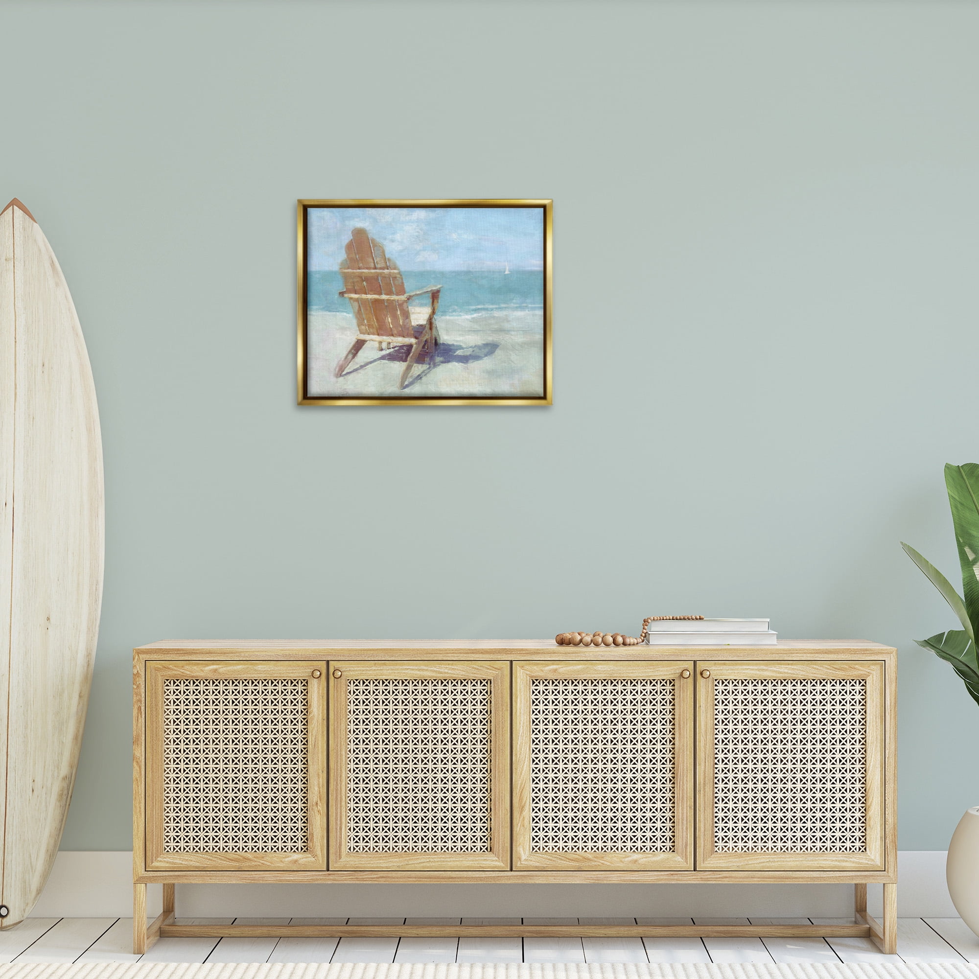 Stupell Industries Chair with Sailboat View Landscape Painting Gold Floater Framed Canvas Art Print Wall Art, 31 x 25