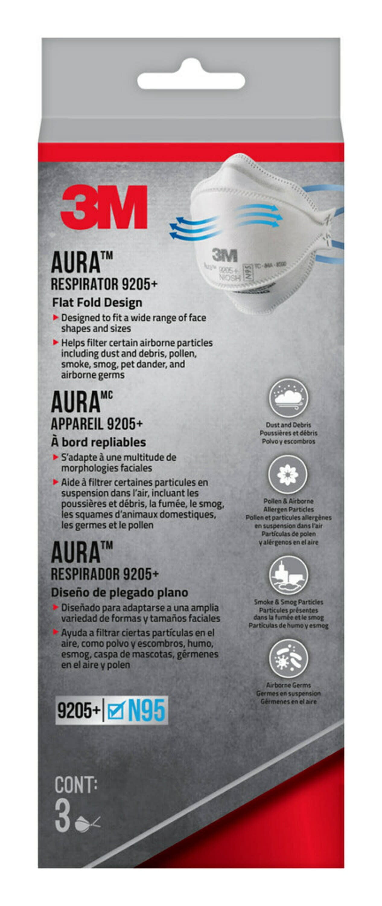3M Aura N95 Particulate Respirator 9205+, White, 3 Disposable Particulate Respirators