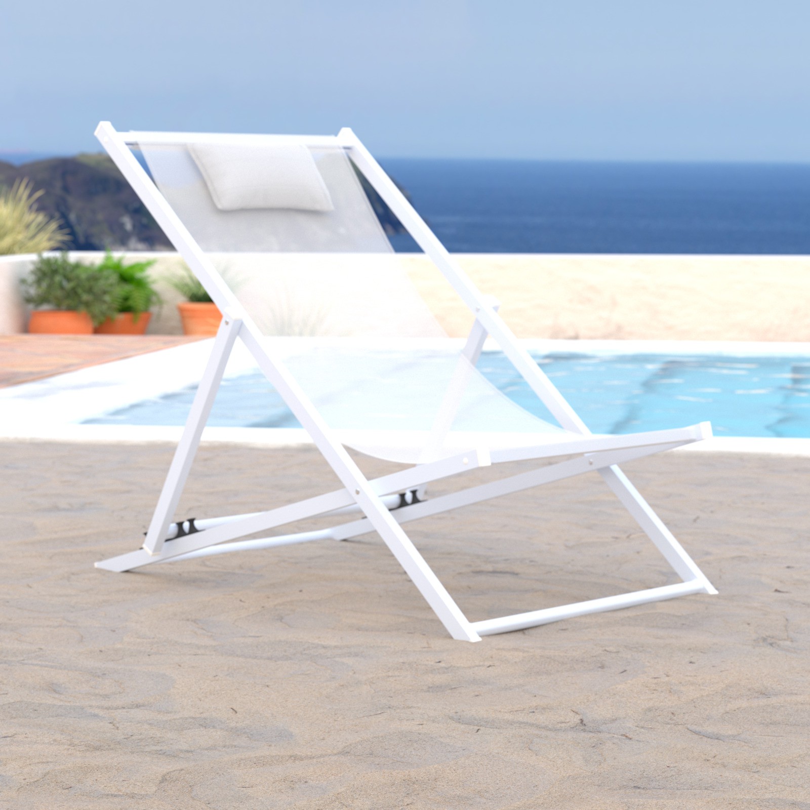 LeisureMod Sunset Outoor Sling Lounge Folding Chair With Headrest in White - image 1 of 8