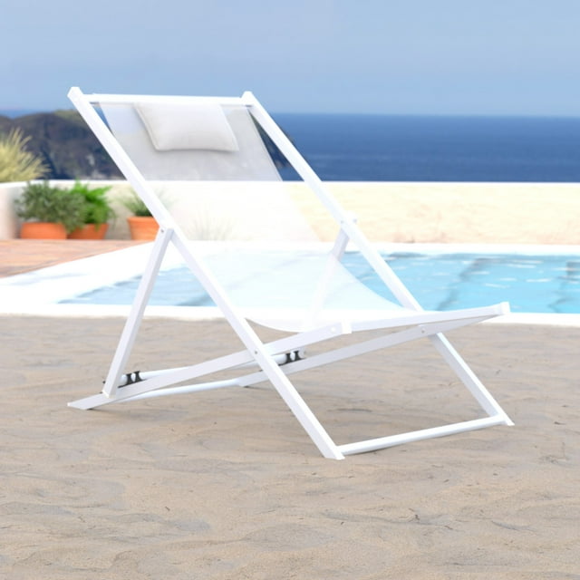 LeisureMod Sunset Outoor Sling Lounge Folding Chair With Headrest in White
