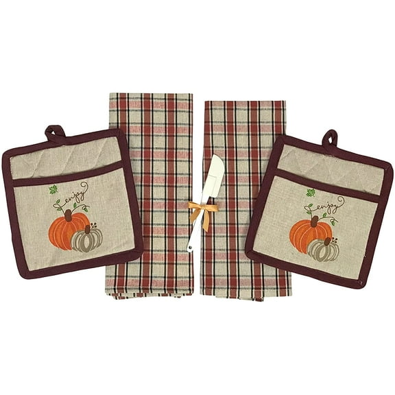 Serafina Home Fall Thanksgiving Kitchen Gift Set: Two Farmhouse Plaid Check Towels and Two Matching Pot Holders Cute Enjoy! Design