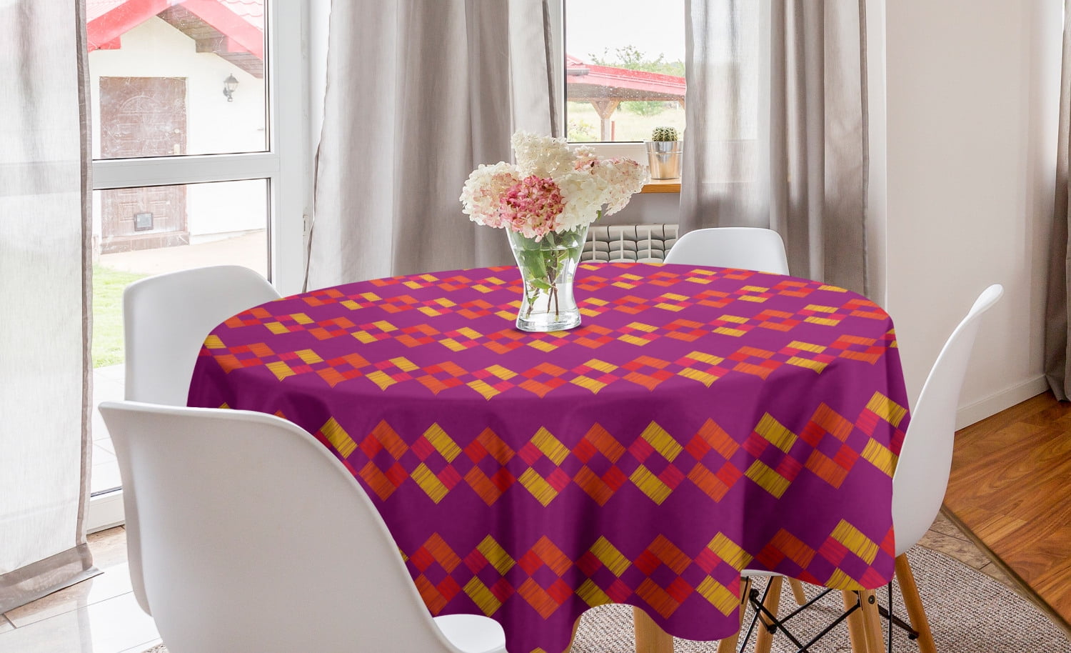 Abstract Round Tablecloth, Colorful Geometric Pattern with Hatched
