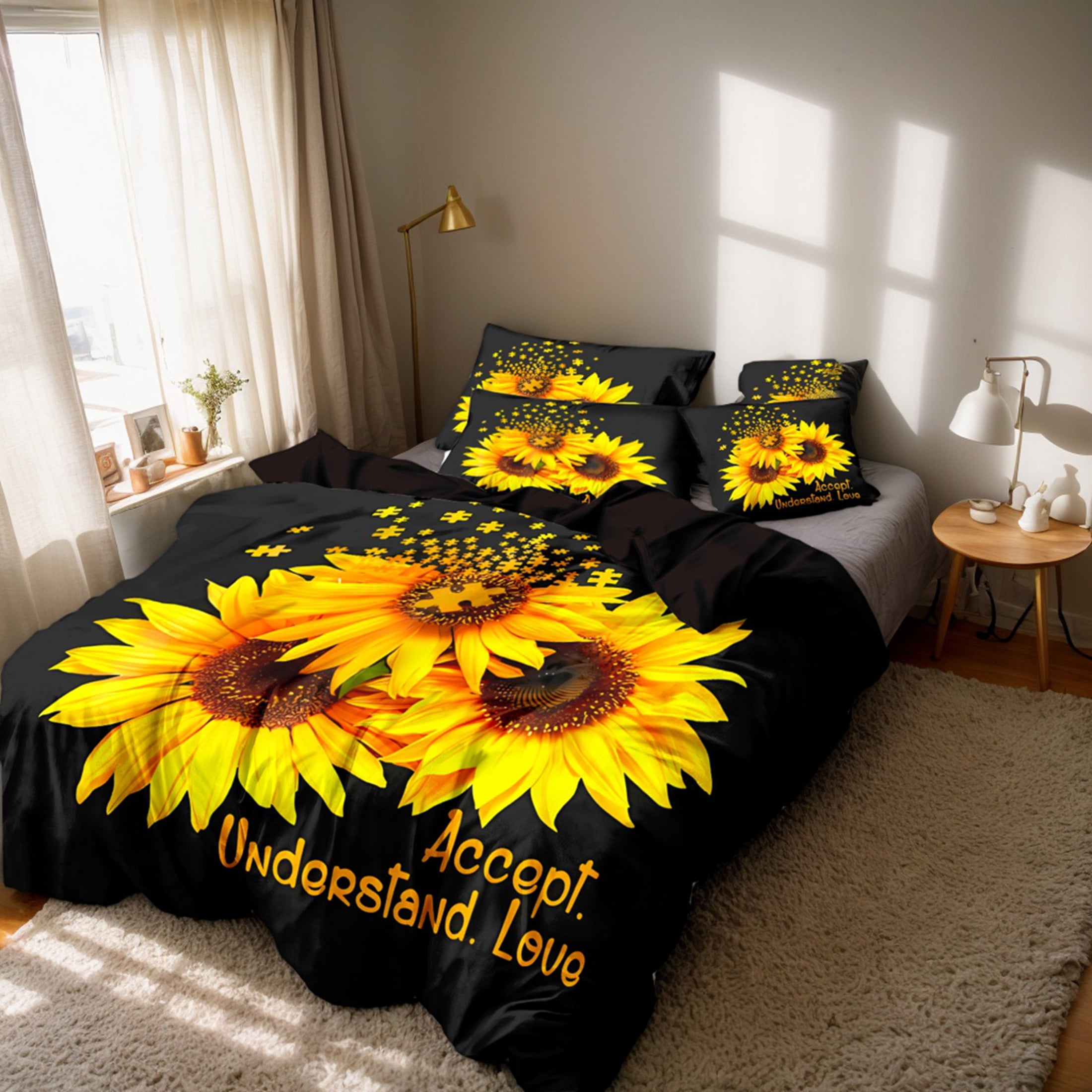 Orylavena Golden Sunflower Sunburst Microfiber Duvet Cover Set, Black Back, Twin