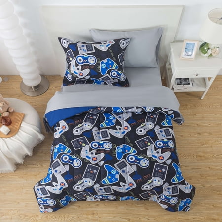 YOUR ZONE GLOW IN THE DARK 5-PIECE GAMER BEDDING SET FOR KIDS WITH FABRIC STORAGE BAG, TWIN