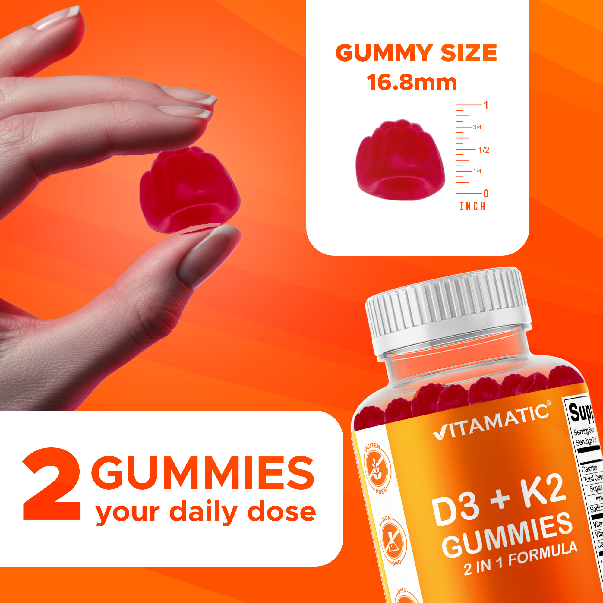 (2 pack) Vitamatic Vitamin D3 K2 Gummies - 60 Count - Supports Healthy Bone, Heart & Calcium Absorption, & Immune Health - Plant Based, Non-GMO, Gluten Free