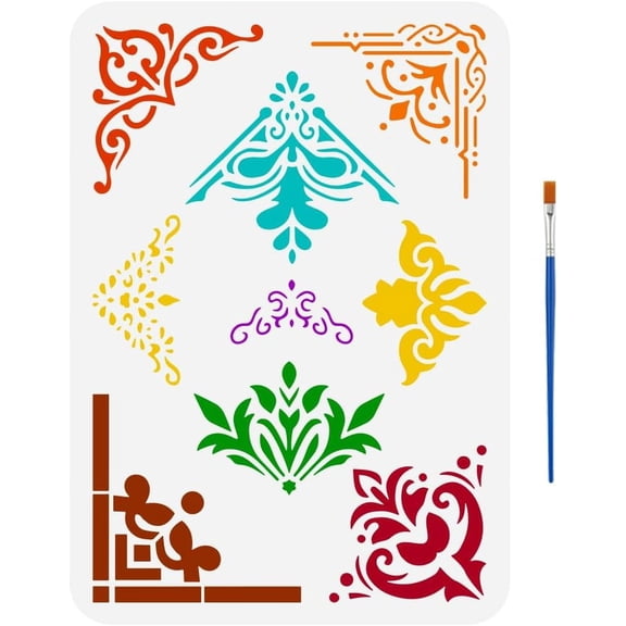 Decorative Corners Painting Stencil with 1Pc Plastic Paint Brush 8.3x11.7inch Reusable Flower Corner Drawing Template Floral Pattern Border Stencil for Painting on Wood Wall Furniture