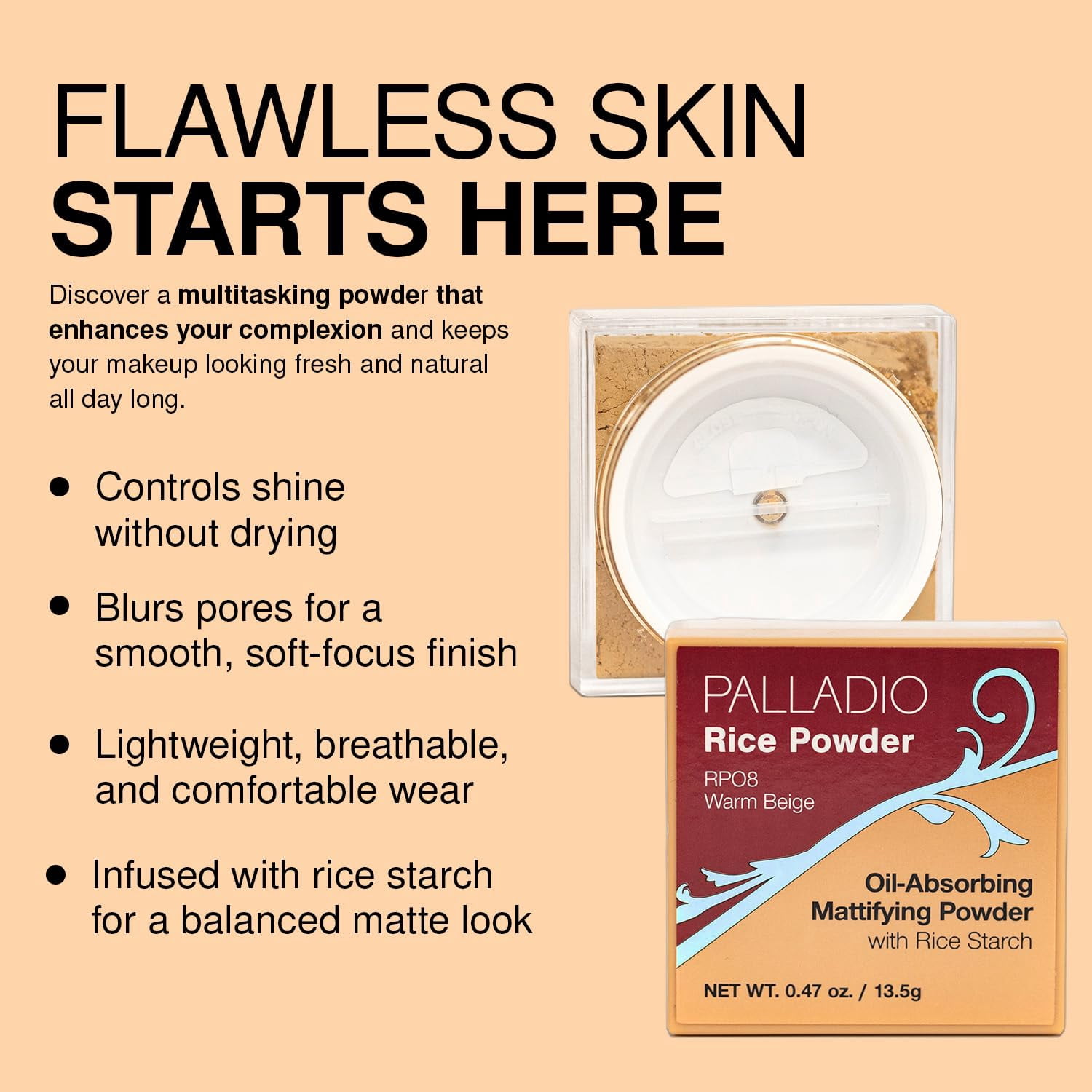 "Palladio Rice Powder Loose Setting Powder Absorbs Oil Leaves Face Looking and Feeling Smooth Helps Makeup Last Longer For a Flawless Fresh Look Pack , Translucent, 1 Count, (Pack of 3)"