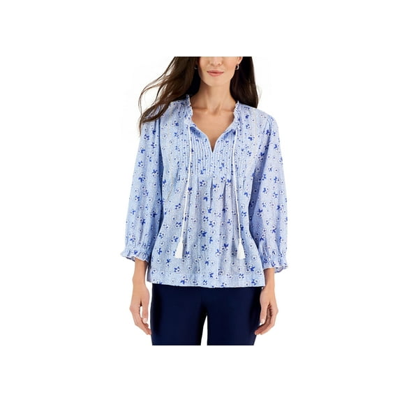 Charter Club Womens Floral Pleated Yoke Peasant Top Cerulean Sky Combo L