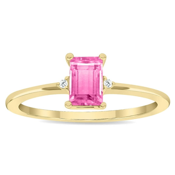 SZUL Women's Emerald Cut Pink Topaz and Diamond Classic Band in 10K Yellow Gold