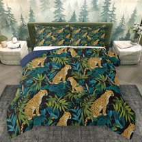 Homewish Cartoon Jungle Leopard Queen Comforter Set for Kids, Rustic Cheetah Lover Bedding Sets, Palm Leaf Plant Reversible Bedding Comforter Set, Super Cozy Room Decor, 3-Piece