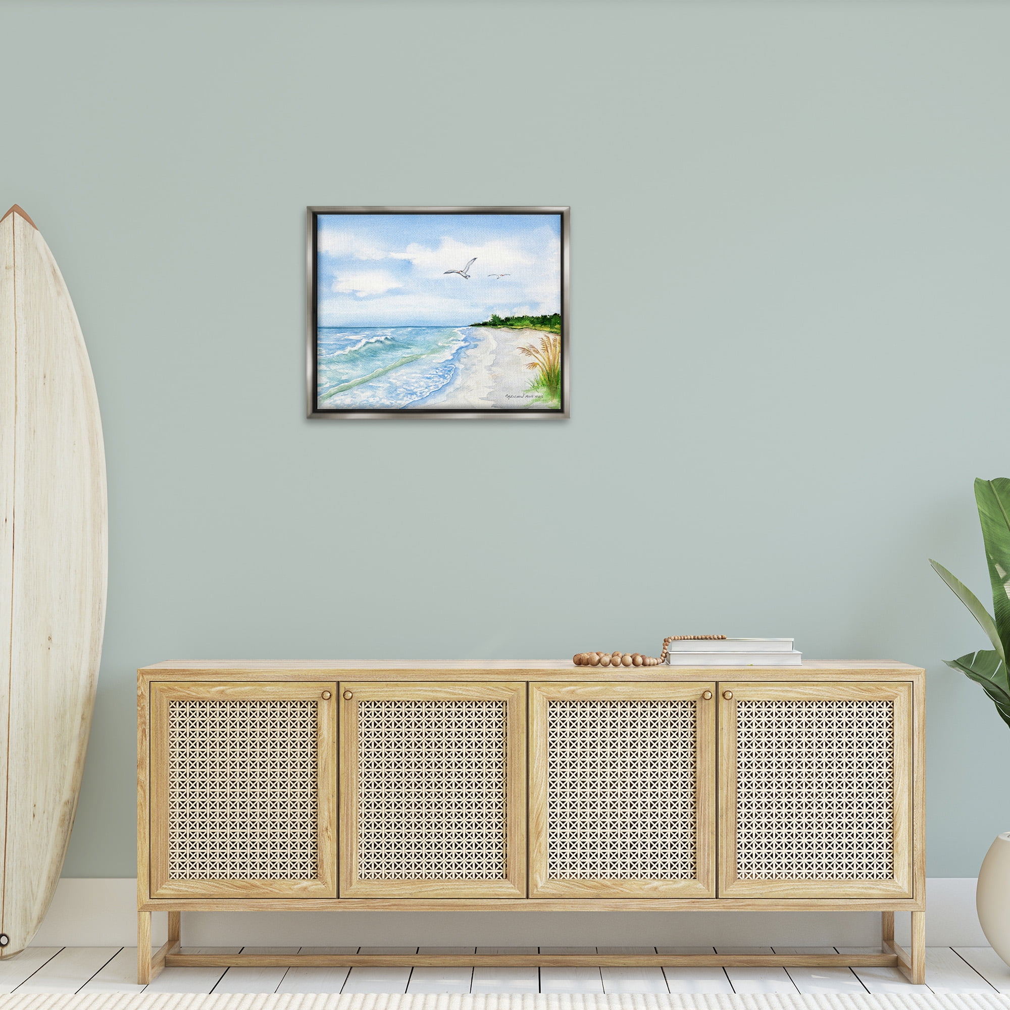 Stupell Industries Traditional Seagull over Beach Landscape Painting Gray Floater Framed Canvas Art Print Wall Art, 31 x 25