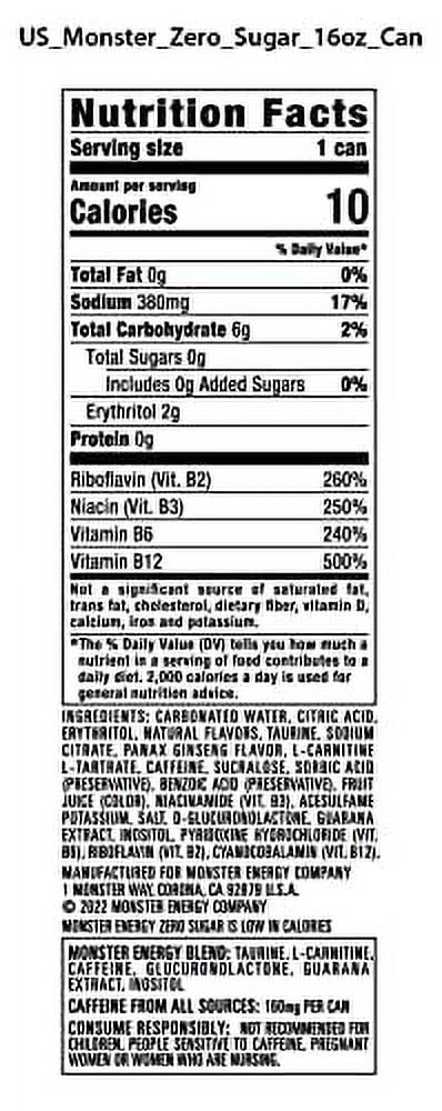 Monster Energy Zero Sugar, Green, Original, Low Calorie Energy Drink, 16 Fl Oz (Pack of 15)