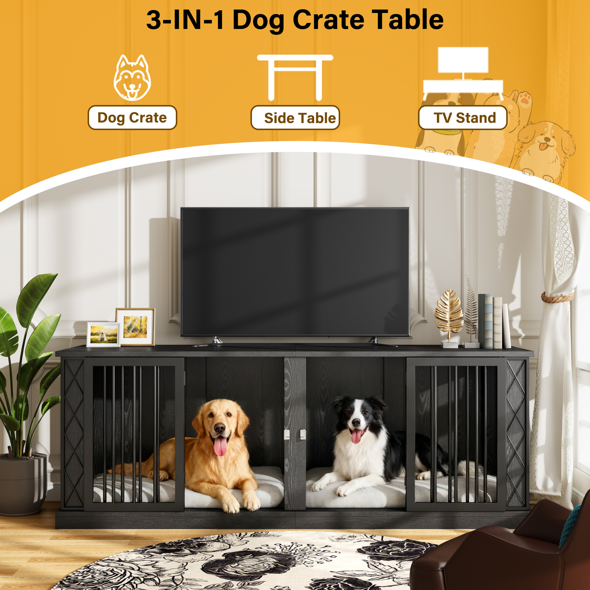 ModFurne 86.6" Dog Crate Furniture for Double Dogs, Heavy Duty Dog Cage Indoor for Small/Medium/Large Dogs, Dog Kennel Furniture Black