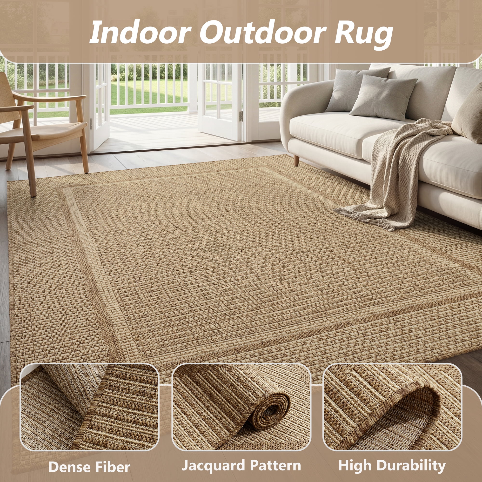 SIXHOME Outdoor Rugs 8'x10' Patio Rug Modern Bordered Indoor Outdoor Rugs Polypropylene Washable Non Shedding, Easy Clean, Waterproof, Durable Outdoor Carpet for Porch Balcony Deck Neutral Brown