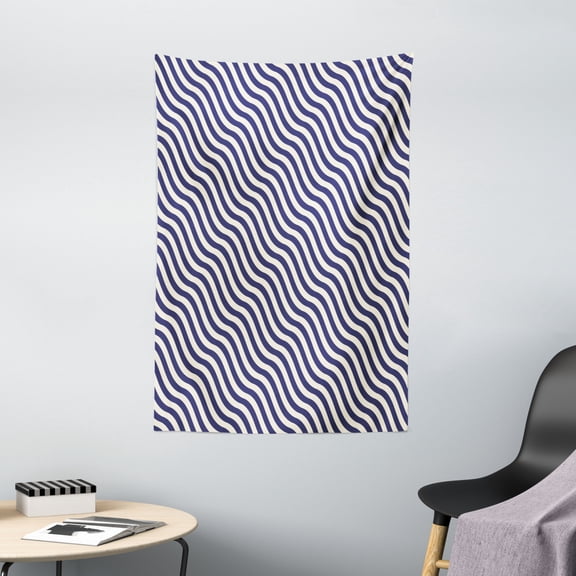 Navy Blue Decor Tapestry, Wave like Striped Lined Design on Dark Blue Background Artwork, Wall Hanging for Bedroom Living Room Dorm Decor, 40W X 60L Inches, Dark Blue and White, by Ambesonne