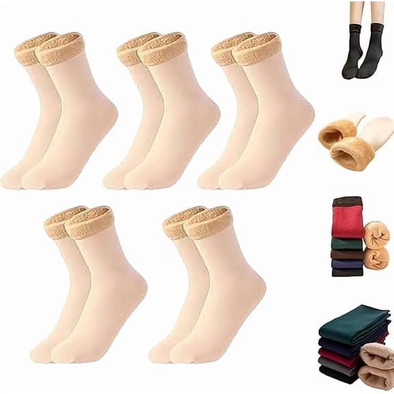 5 Pairs Autumn Winter Socks for Women, Thickened Fleece Lined Cold-Proof Warm Self-Heating Snow Socks(Skin)