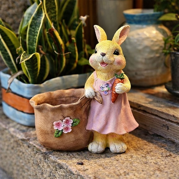 Eespoir Easter Bunny Resin Planter, Cute Pots with Carrot Floral Details, Indoor Outdoor Garden Decor for Succulents, Small Plants, Tabletop, Shelf, Spring Decoration(C)