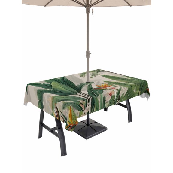 52x70 Inch Outdoor Tablecloth with Umbrella Hole Zipper Rectangle Tropical Palm Trees Rectangular Tablecloths Waterproof Green Botanical Summer Flowers Rustic Patio Table Cloth Cover for Picnic Party