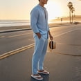 thumbnail image 6 of VBTAPA Mens Linen Sets 2 Piece Outfits Long Sleeve Beach Vacation Set Solid Color Button Down Shirts and Drawstring Long Pants Yoga Track Suit with Pockets Limited Time Sale Sky Blue L, 6 of 9