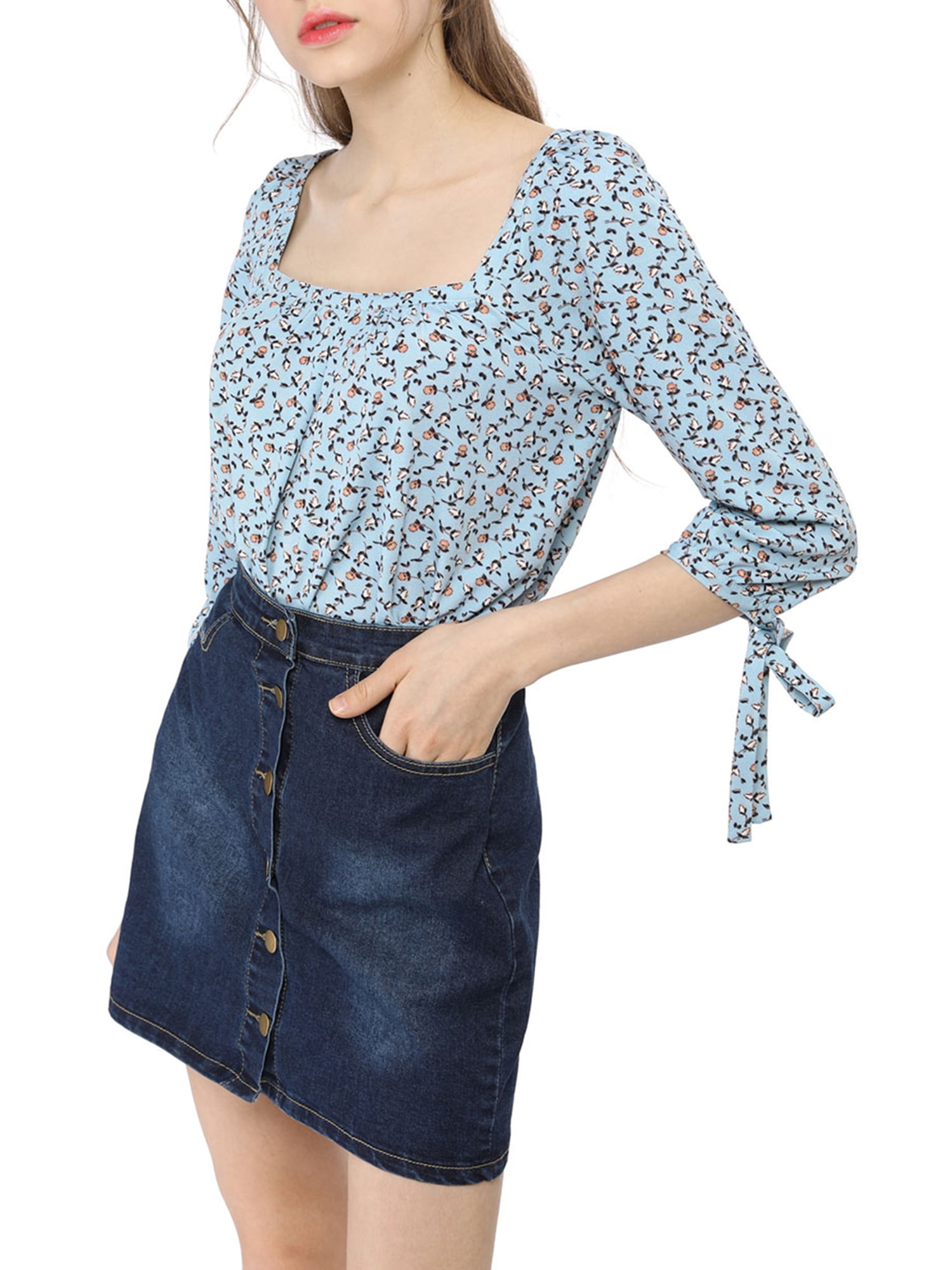 Women's Floral Tie Cuffs 3/4 Sleeves Square Neck Blouse