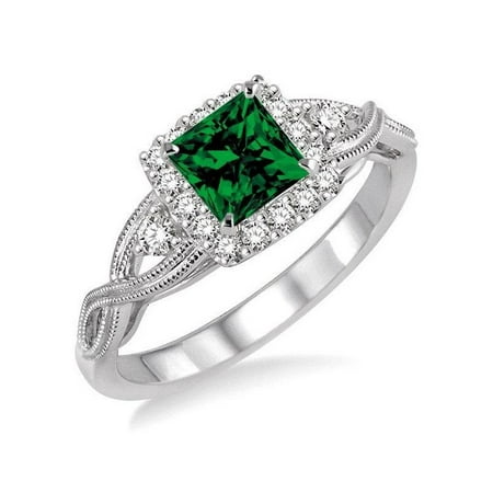 1.50 Carat Princess cut Emerald and Diamond Engagement Ring in 14k White Gold affordable emerald and diamond engagement
