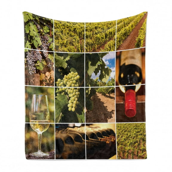 Vineyard Soft Flannel Fleece Blanket, Vineyard Landscapes Purple Grapes French Bottle Glass Rustic Cellar Couples, Cozy Plush for Indoor and Outdoor Use, 50" x 60", Green Red Brown, by Ambesonne