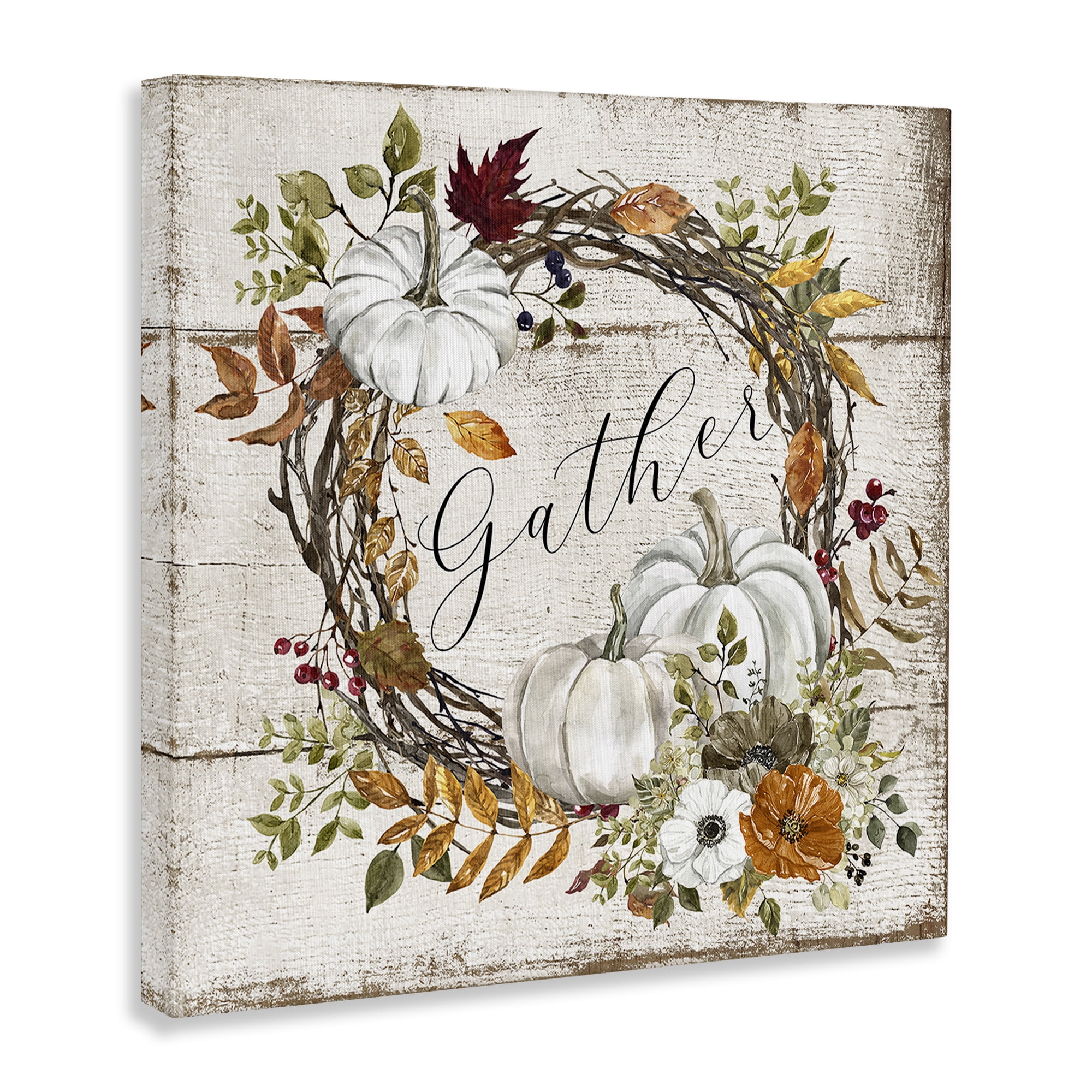 Stupell Industries Gather Autumnal Wreath Holiday Painting Gallery Wrapped Canvas Art Prints Wall Art, 17 x 17