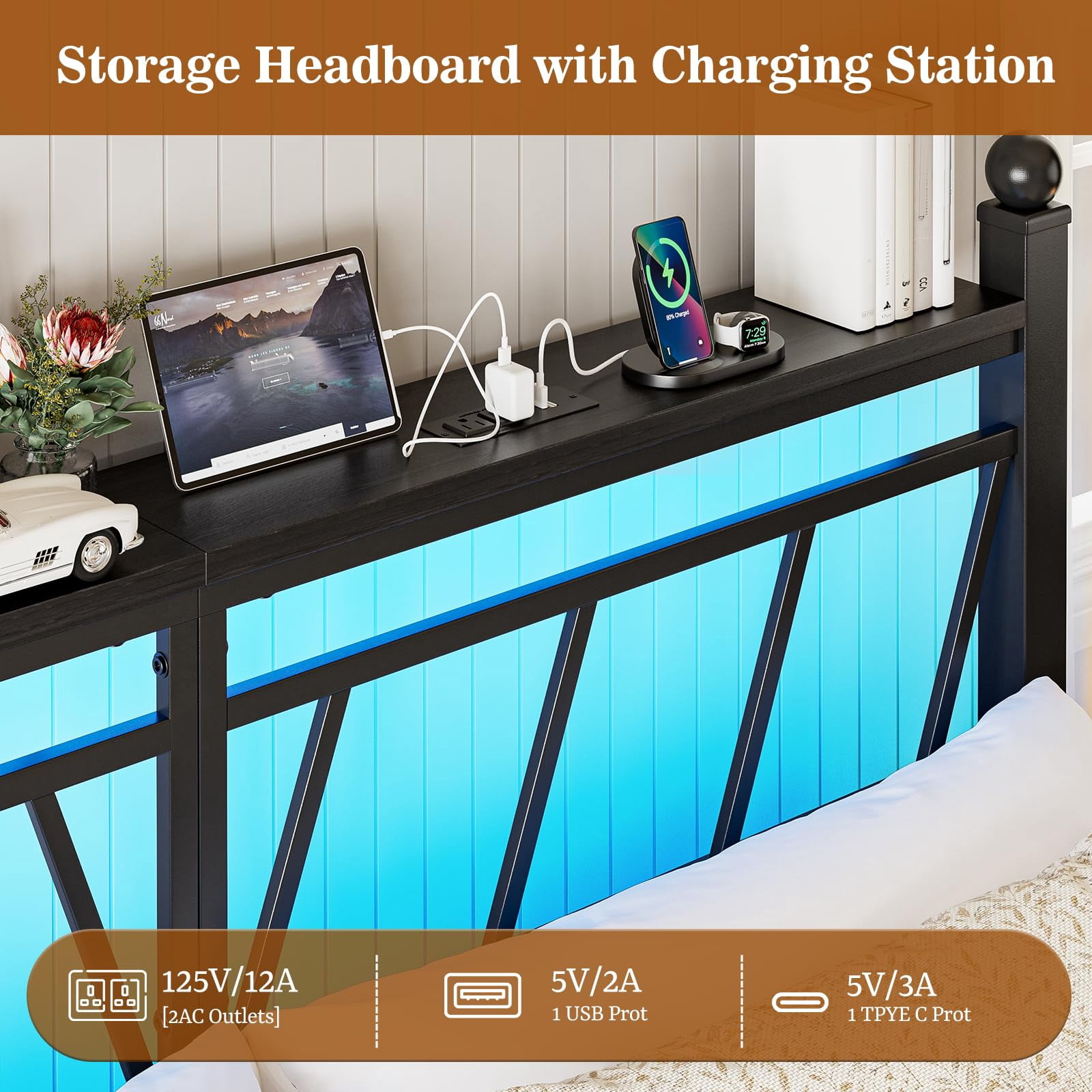 ARICOEASY Metal Twin Size Storage Headboard with LED Lights, Modern Twin XL Head Board with Outlets, USB & Type C Port, Farmhouse Vintage Style, Easy Assembly, Black