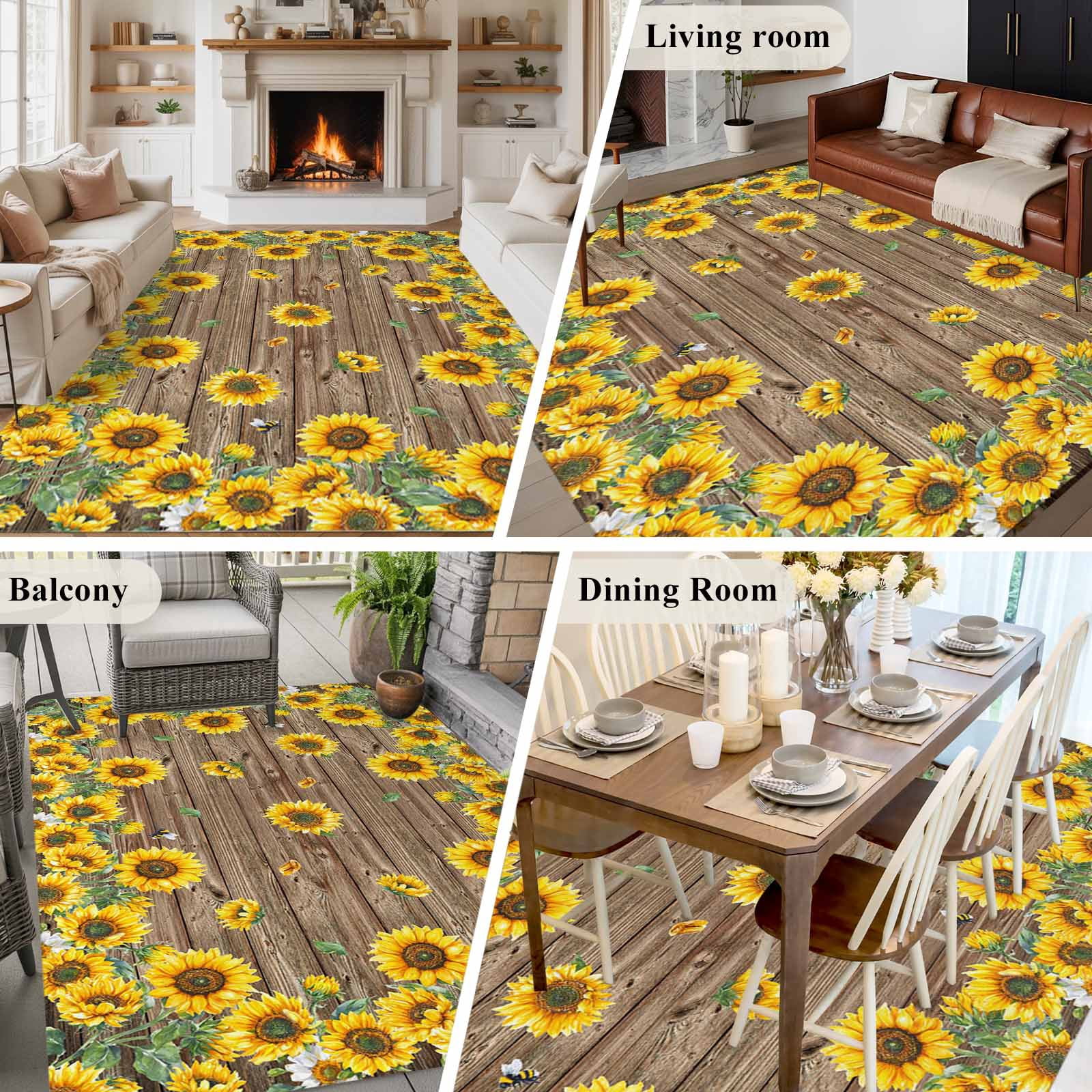 6'x9' Area Rugs, Sunflower Indoor Outdoor Area Rug for Living Room Bedroom, Brown Wood Grain Rustic Farmhouse Bee Washable Bathroom Rugs Kitchen Floor Carpet Mats Home Decor Aesthetic