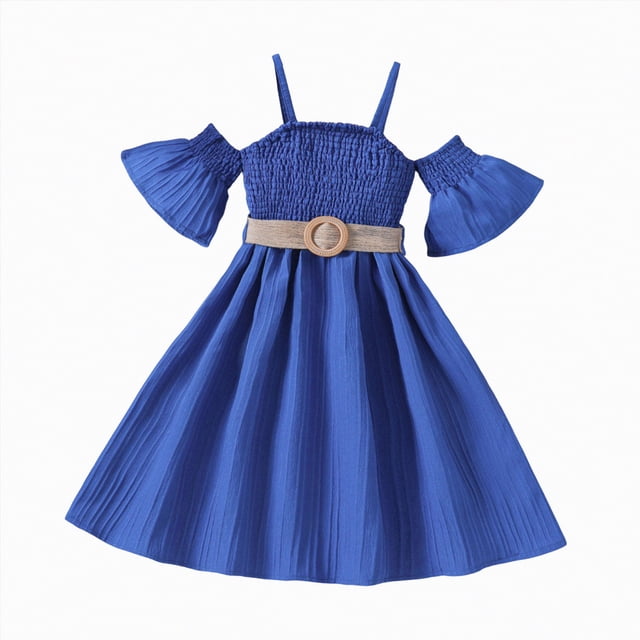 NIEWTR Robe Trapèze Mignonne pour Fillette Tout-Petit à Manches Courtes avec Jupe à Volants Contrastée pour Fête (Bleu, 8-9 Ans)