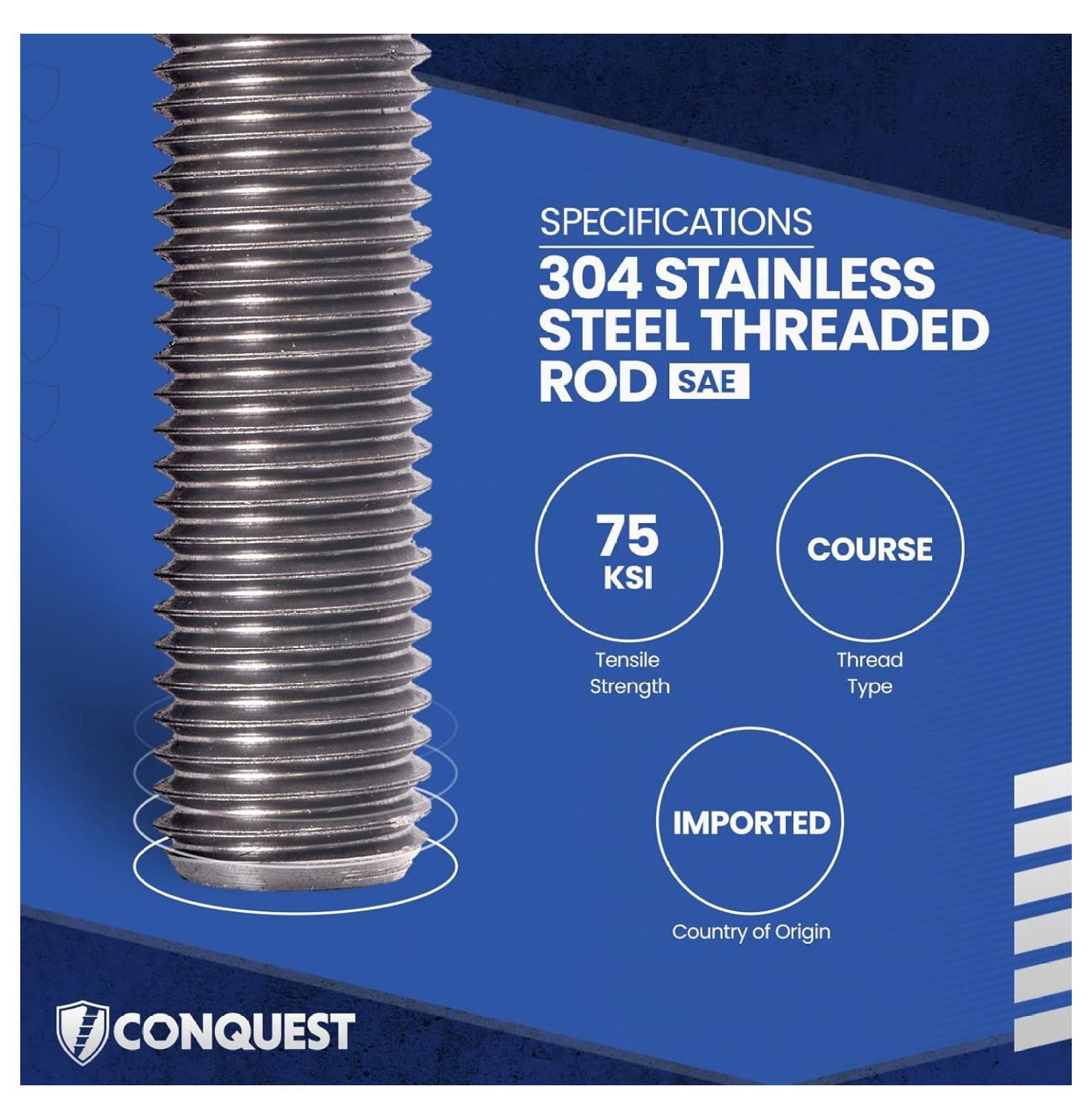 Type 304 Stainless Steel Fully Threaded Rod, 3/4" -10 Thread Size, 36" Length Right Hand Threads