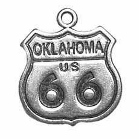 Sterling Silver 16" .8mm Box Chain Oklahoma Route 66 Sign Pendant Necklace