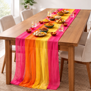 12-Piece Diwali Table Runner Set Orange Yellow Pink Sheer Chiffon Fabric for Festive Decor