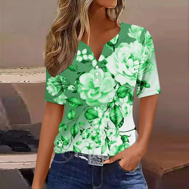 Womens Fashion Printed Short Sleeves Blouse Round Neck Casual Tops