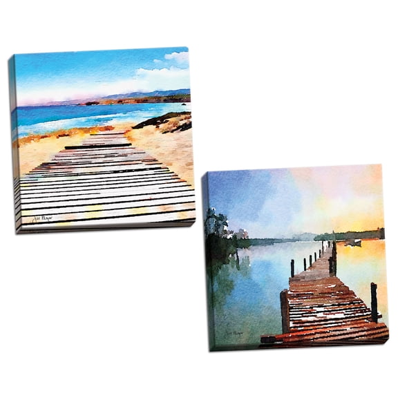 Gango Home Decor Modern Pier Review I & II by Jill Meyer (Ready to Hang); Two 12x12in Hand-Stretched Canvases