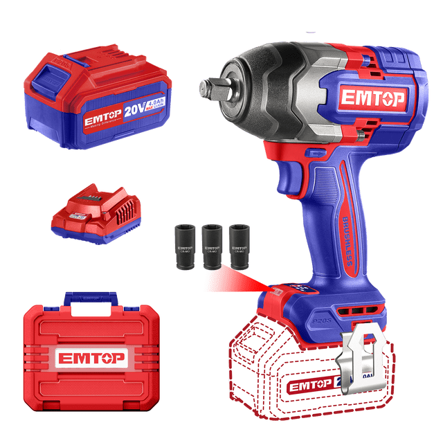 Kit Llave de impacto 1/2" 850Nm, inalámbrica 20V, Brushless EMTOP