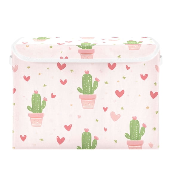 Pinkish Hearts Cactus Valentine Foldable Storage Bin with Lid and Handle Collapsible Storage Box 16.5 x 12.6 x 11.8 inches