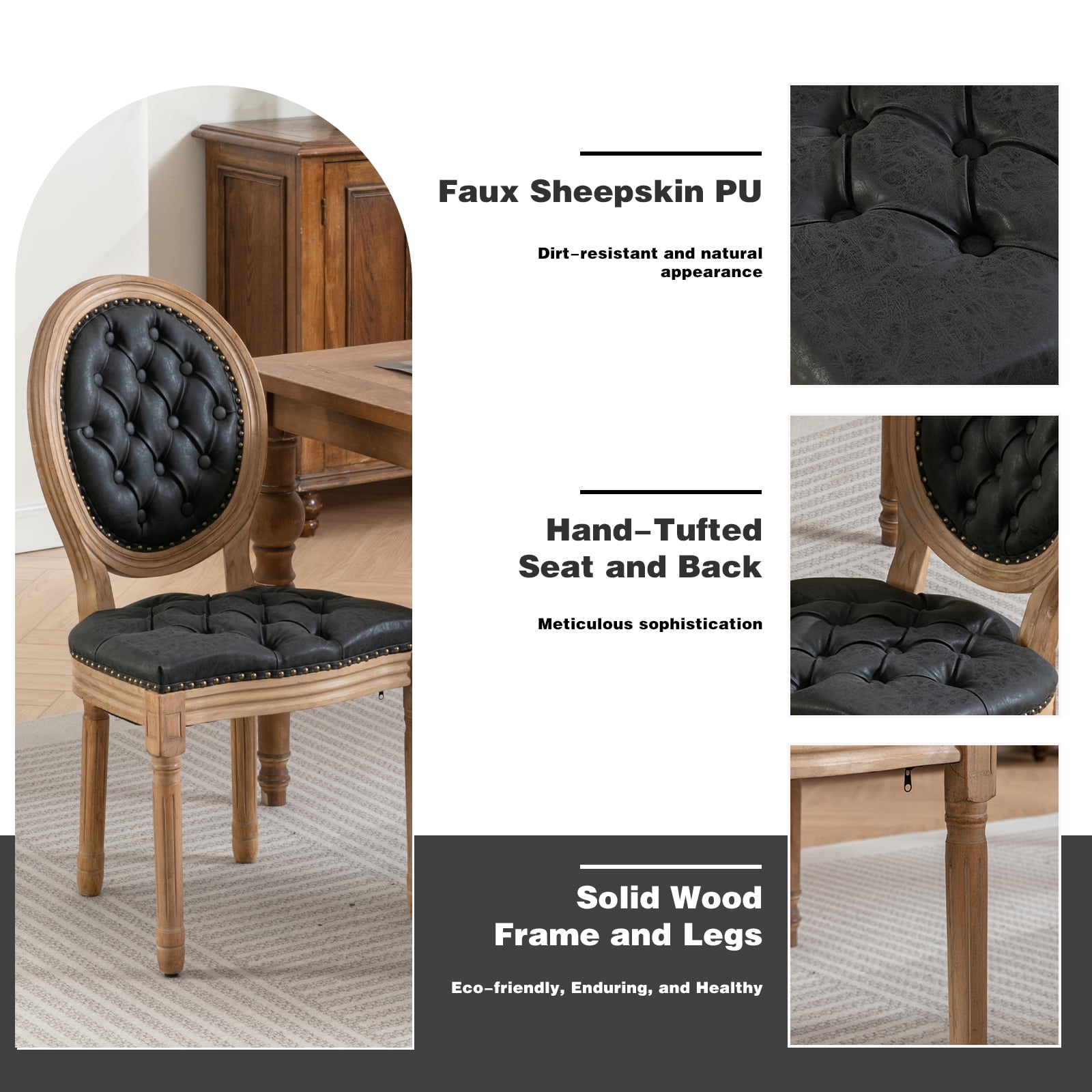 French Country Dining Chairs Set of 4, Black Kitchen & Dining Room Chairs Set of 4, Faux Leather Kitchen Chairs, Tufted Upholstered, Wood Legs, Sillas De Comedor (PU, Black, 4Pcs)