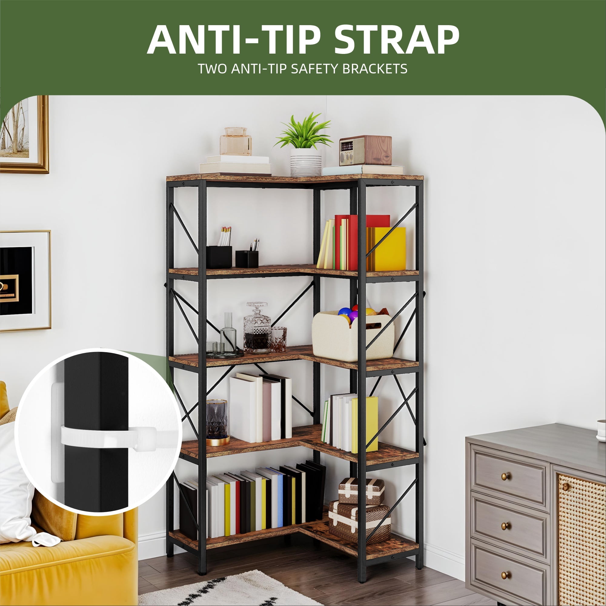 Uforic 5-Tier Corner Bookshelf, Corner Shelf Display Bookcase with Metal Frame for Home Office, Brown