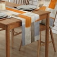 thumbnail image 2 of Table Runner Dresser Scarves 60 Inch Long, Modern Orange Grey Khaki Patchwork Linen Dining Table Runners Abstract Geometric Graffiti Tabletop Scarf for Wedding Holiday Party Kitchen, 2 of 7