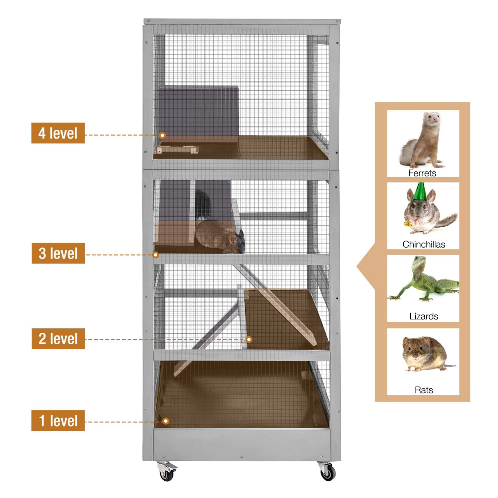 Morgete Chinchilla Cage Rolling Small Animal Cages for Rats Ferrets Guinea  Pigs with Removable Tray and Wheels, 4-Tier, Gray 