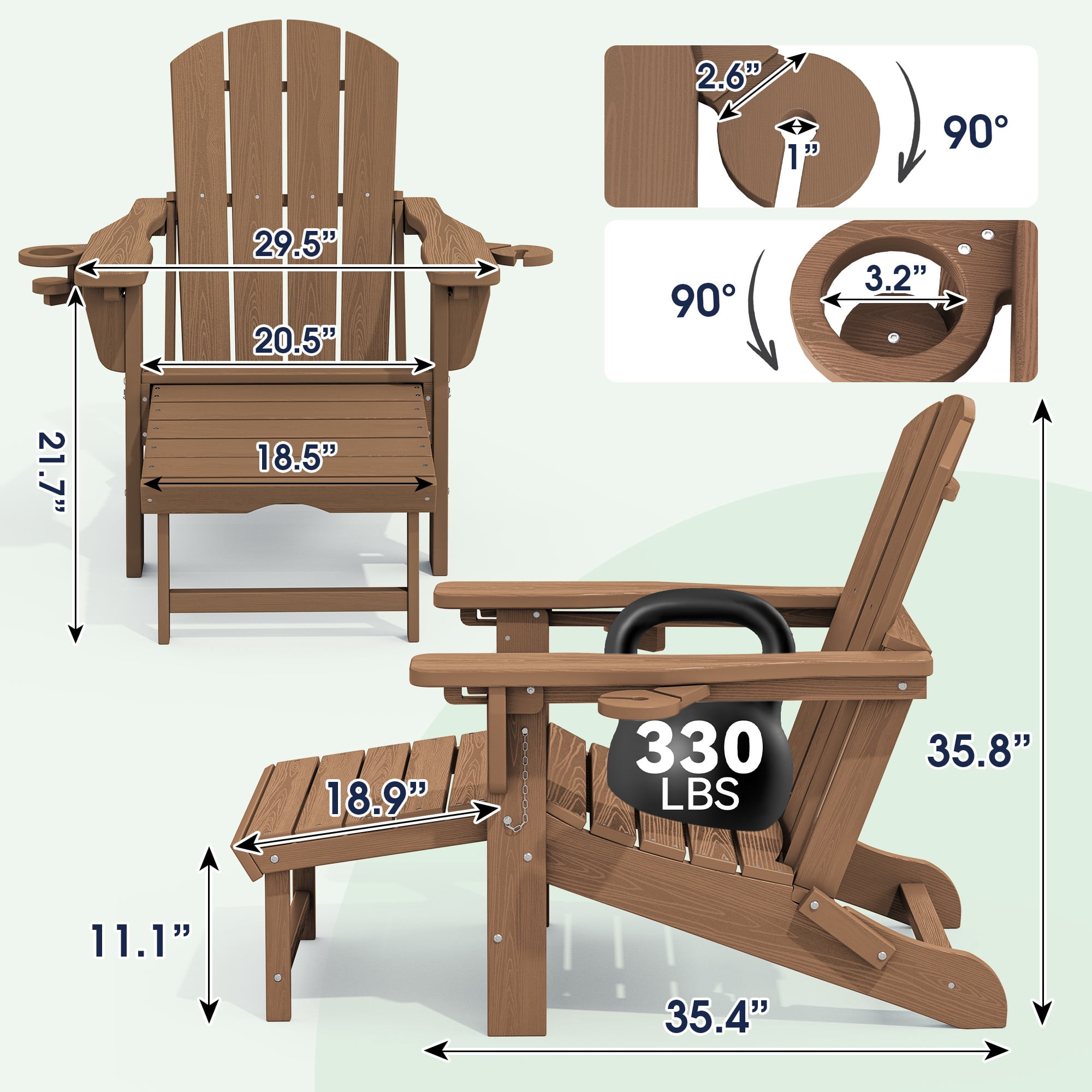 SERWALL Adjustable Folding Adirondack Chair with Footrest & Dual Cup Holders, HDPE Foldable Multifunctional Adirondack Chair with Ottoman for Patio, Outdoor, Garden, Brown